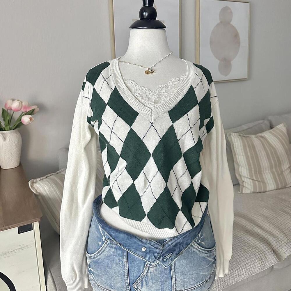 Brandy Melville Green Argyle Sweater